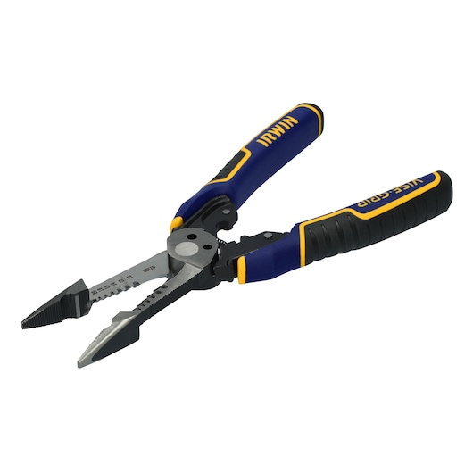Photo of IRWIN IWHT84002 multi-tool plier with blue and yellow ergonomic handles, angled on white background.