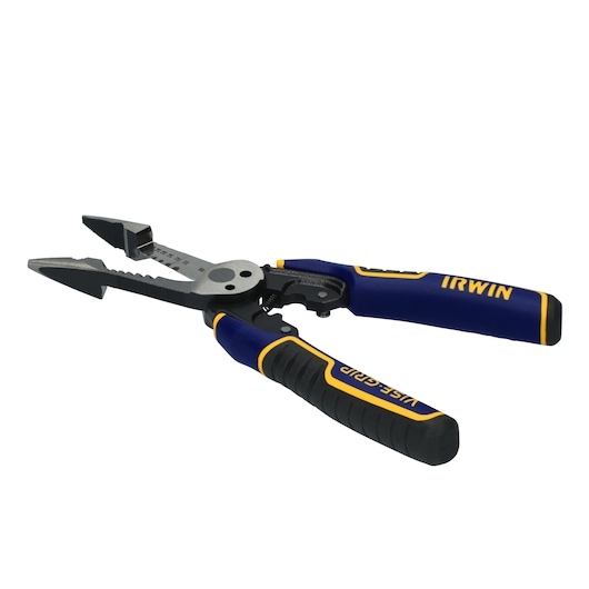 Photo of IRWIN IWHT84002 multi-tool pliers with blue and yellow ergonomic handles, angled on white background.