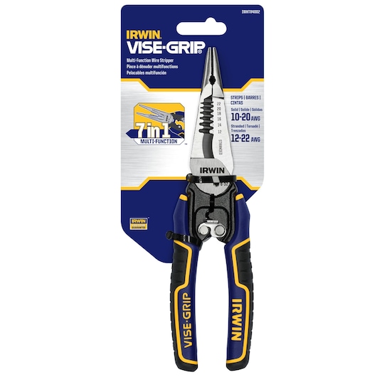 IRWIN VISE-GRIP multi-function wire stripper IWHT84002 front view with blue and yellow handles in packaging.