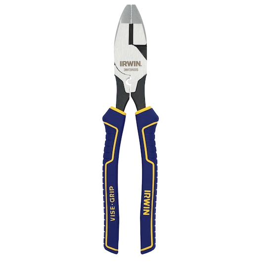 IRWIN IWHT84005 VISE-GRIP lineman pliers with blue and yellow handles, front angle on white background.