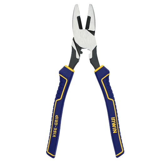 IRWIN IWHT84005 combination pliers with blue and yellow VISE-GRIP handles, front angle, white background.