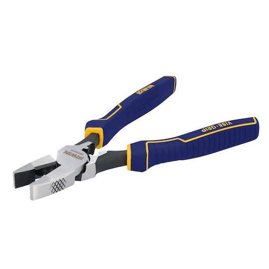 Photo of IRWIN IWHT84005 combination pliers with blue and yellow ergonomic handles, angled on white background.