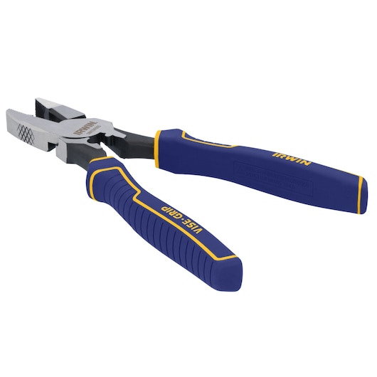 IRWIN IWHT84005 combination pliers with blue and yellow insulated handles, angled on white background.