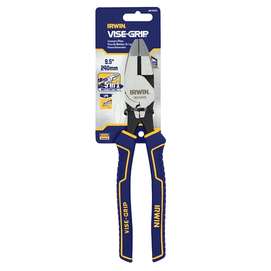 Front view photo of IRWIN VISE-GRIP lineman’s pliers IWHT84005 with blue and yellow handle in packaging.