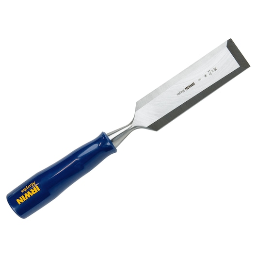 Photo of IRWIN M444112N chisel with blue handle and steel blade, angled on white background.