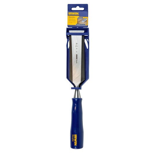 IRWIN wood chisel M444112N with blue handle and blade guard, front angle on white background.