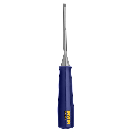 Photo of IRWIN M44414N woodworking chisel with blue handle, front view on white background.