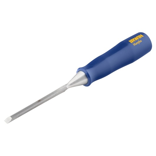 IRWIN M44414N wood chisel with blue handle, angled view on white background.