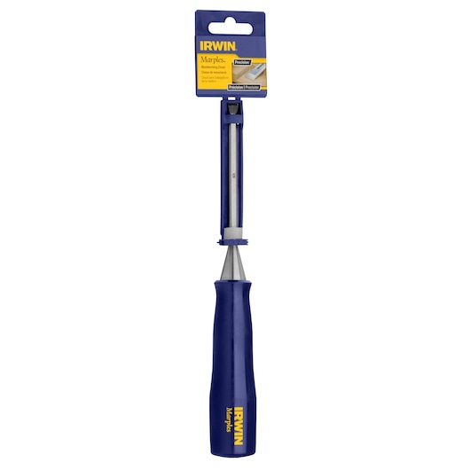 IRWIN M44414N chisel with blue handle, front angle, in packaging, woodworking tool.