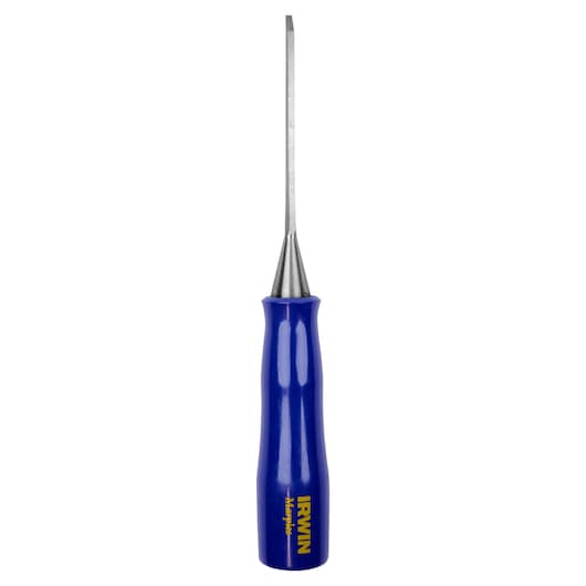 IRWIN flathead screwdriver M44418N, blue handle, front view on white background.