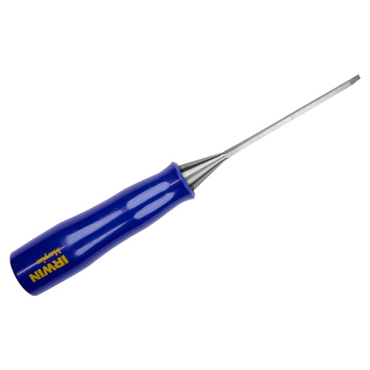 IRWIN M44418N photography of blue-handle wood chisel with flat blade, angled on white background.