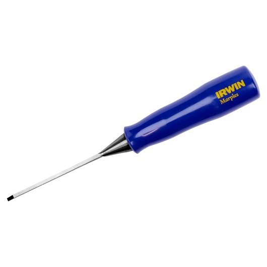 IRWIN M44418N blue handle wood chisel with silver blade, side angle on white background.