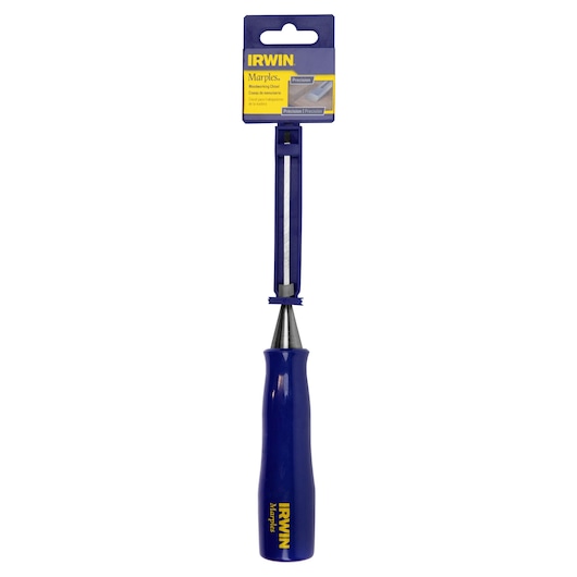 IRWIN blue-handled woodworking chisel M44418N front view on white background.