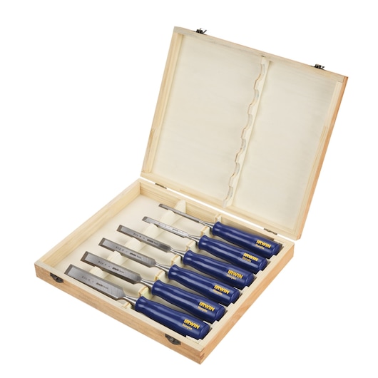 IRWIN M444SB6N chisel set with blue handles in open wooden case, photographed at an angle on white background.