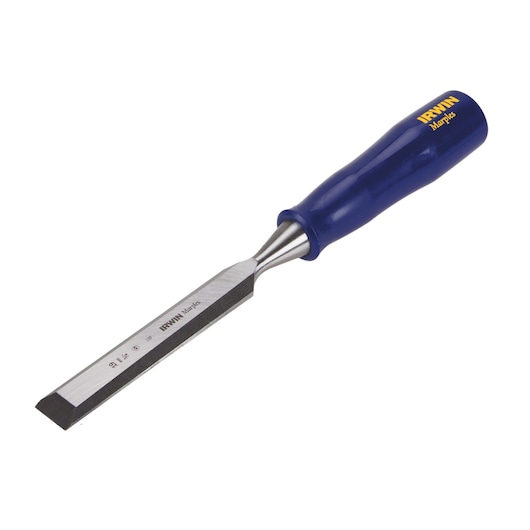 Photo of IRWIN M444SB6N woodworking chisel with blue handle and straight steel blade, angled on white background.
